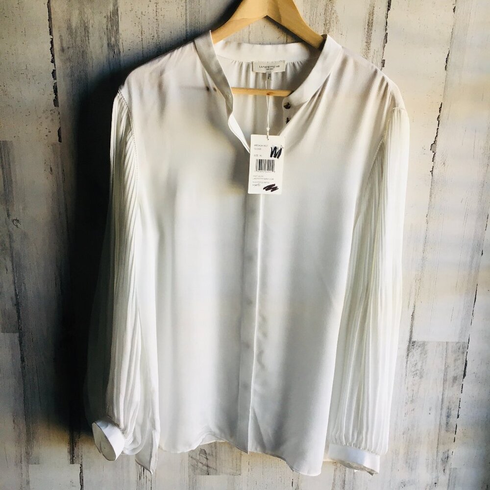 NWT Lafayette 148 Layla Plisse Pleated Sleeve Blouse Off-White Statement XL - Picture 1 of 16